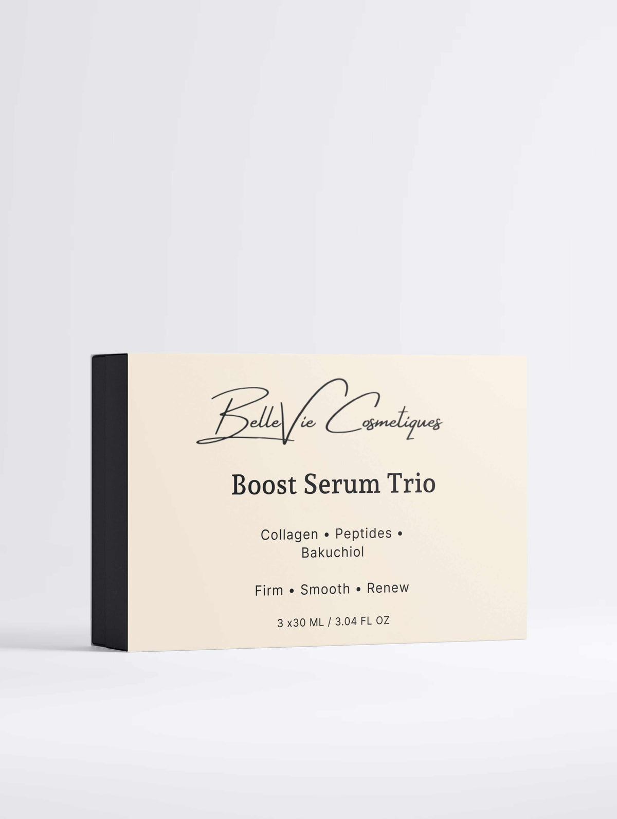 Boost Serum Trio skincare gift set in a cream box with black side panel, labeled collagen, peptides and bakuchiol