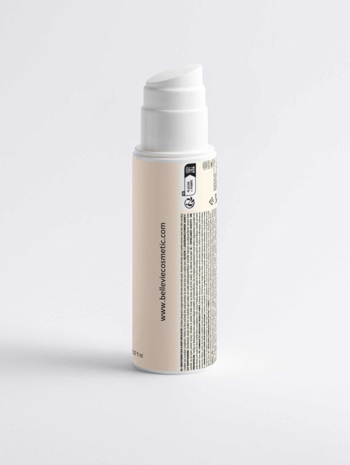Brightening Face and Body Exfoliator in a beige cylindrical pump bottle with a white dispenser and printed label