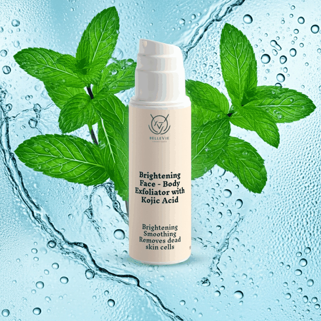 Brightening Face and Body Exfoliator in a cream pump bottle with dark lettering, shown with green mint leaves