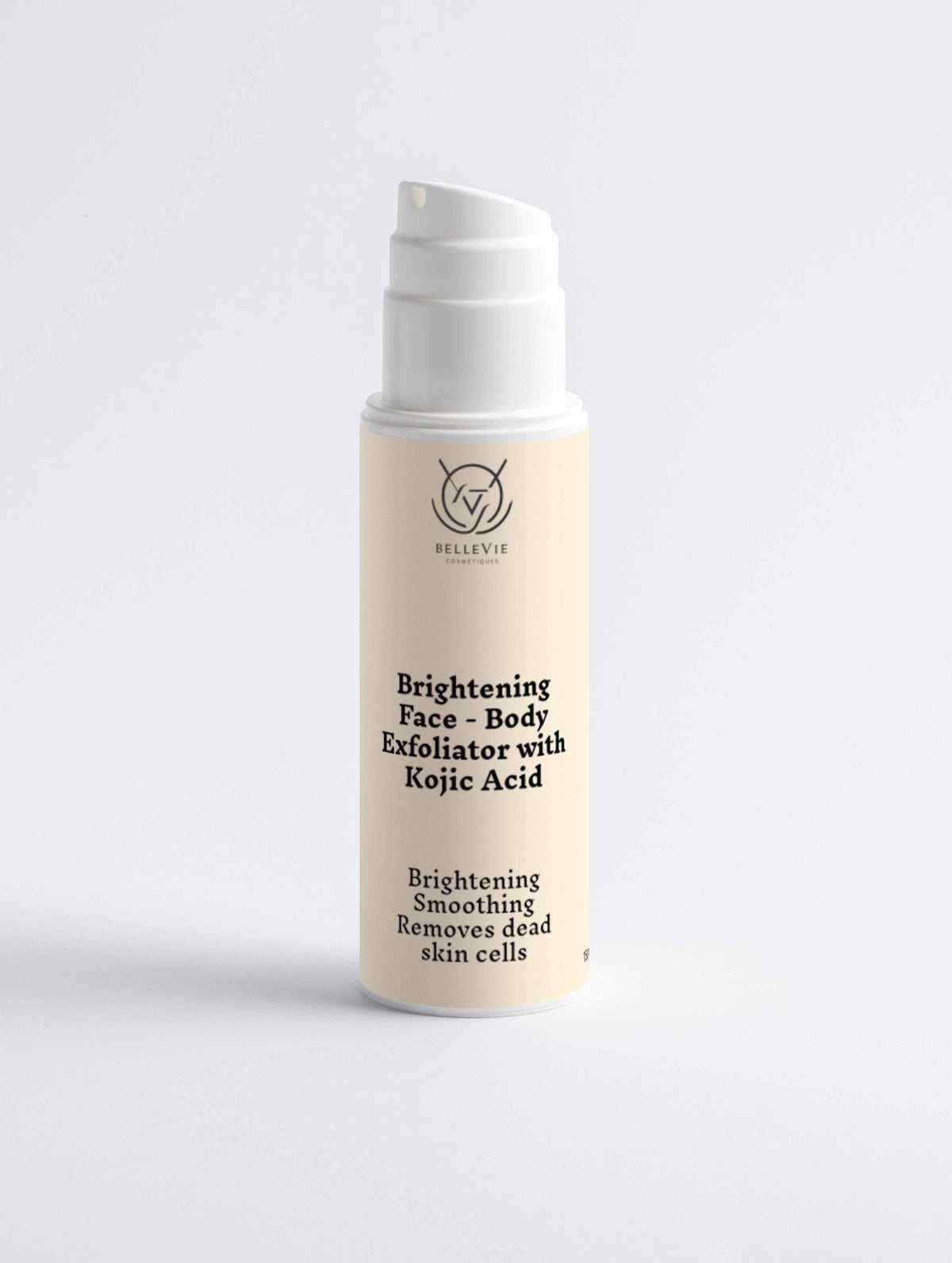 Brightening Face and Body Exfoliator in a cream-colored cylindrical pump bottle with a white dispenser and black label text