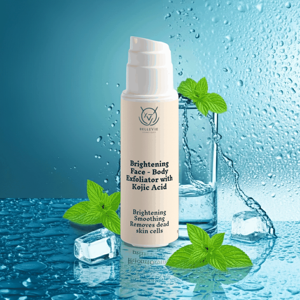 Brightening Face and Body Exfoliator in a white pump bottle with dark text and a minimalist label