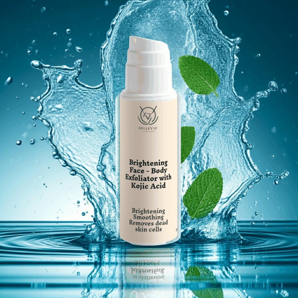 Brightening Face and Body Exfoliator in a white pump bottle, with a cream label featuring dark text and a leaf logo