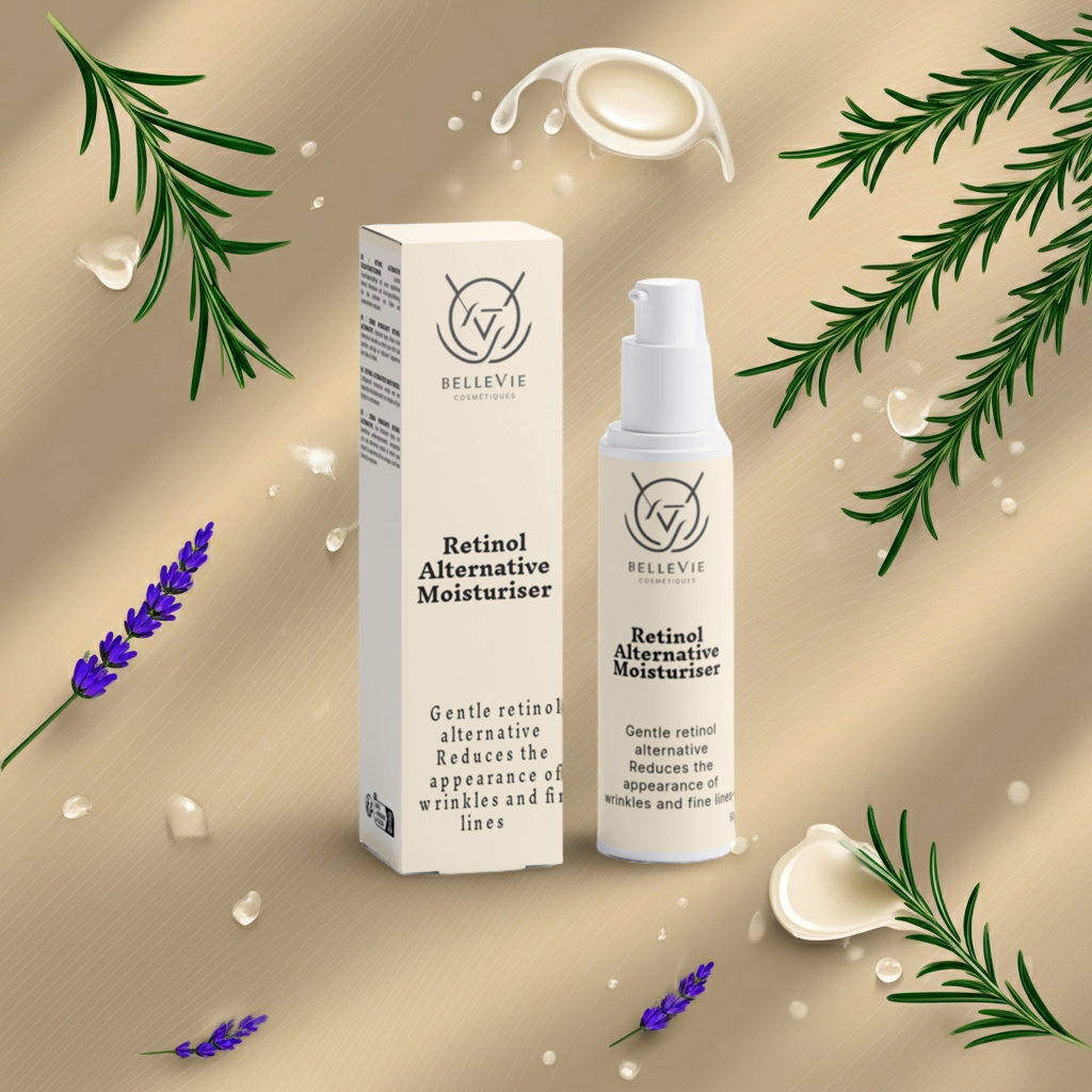 Retinol Alternative Moisturizer by BELLEVIE with packaging on a beige background with green leaves and lavender flowers.