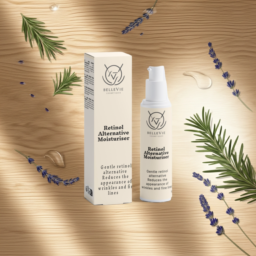 Bellevie Retinol Alternative Moisturizer bottle and packaging on a wooden background with lavender and rosemary.