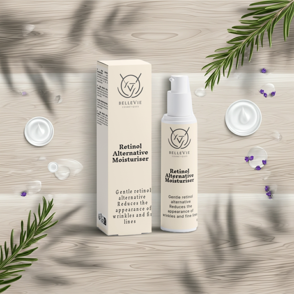 Retinol Alternative Moisturizer by Bellevie on a wooden surface with decorative elements.