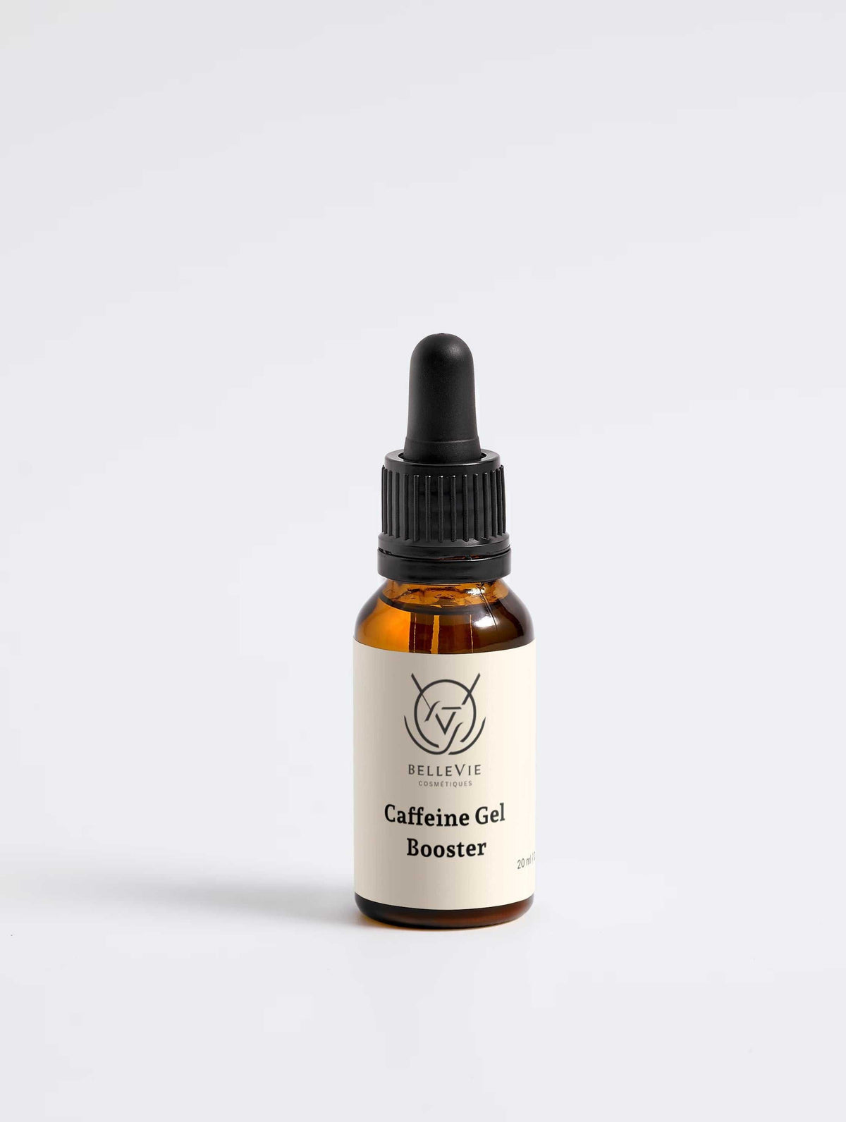 Caffeine Booster Gel 20ml in an amber glass dropper bottle with a black pipette cap and cream label