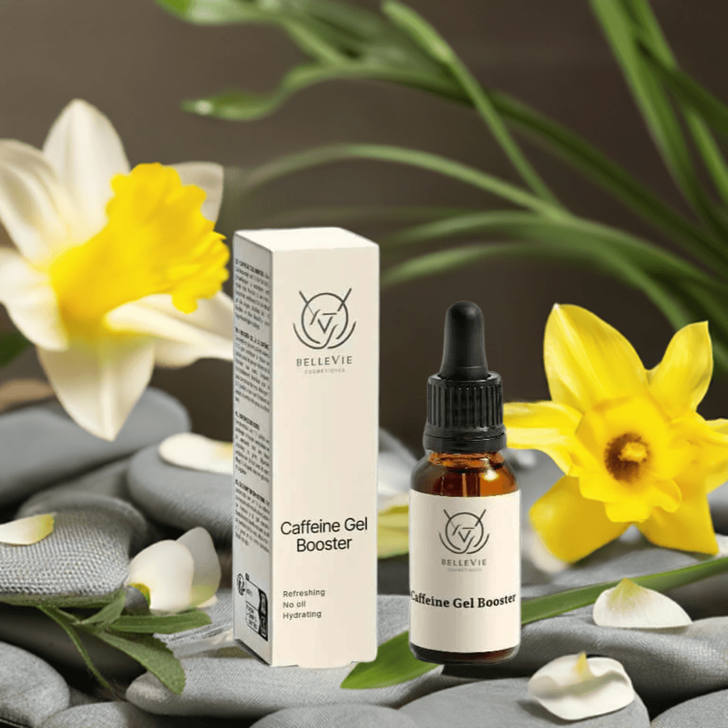 Caffeine Booster Gel 20ml in an amber glass dropper bottle with a black cap and cream label beside a matching box