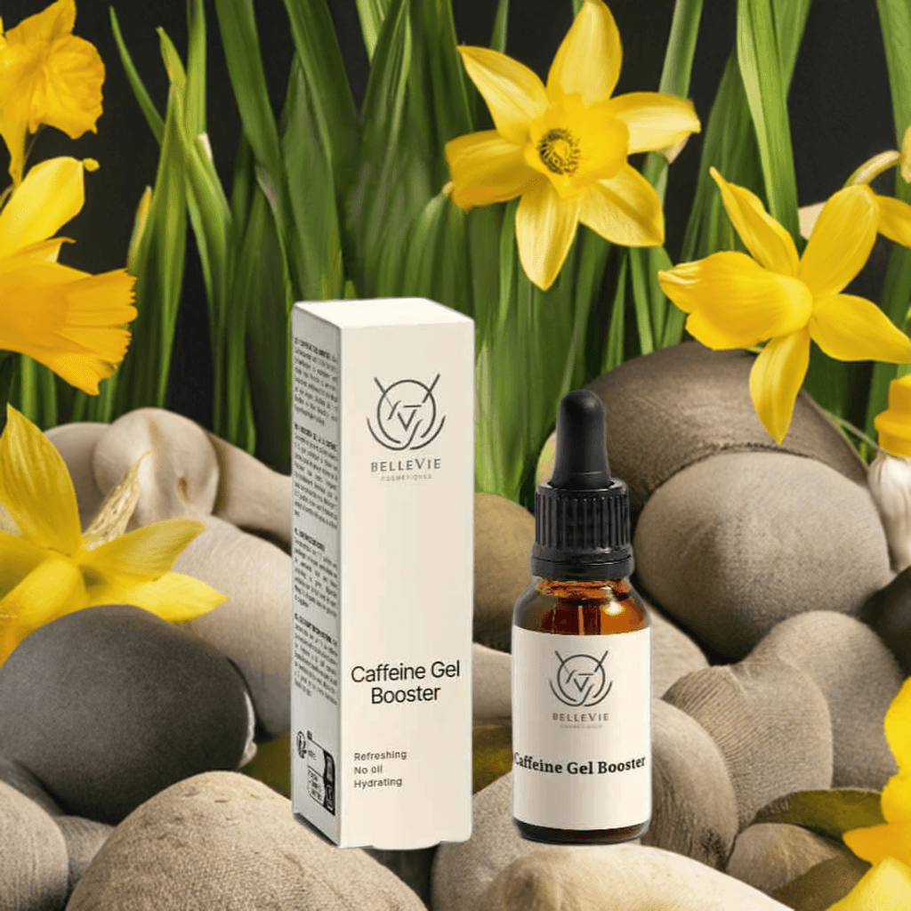 Caffeine Booster Gel 20ml in a small amber glass dropper bottle with a black cap and cream label, beside matching carton