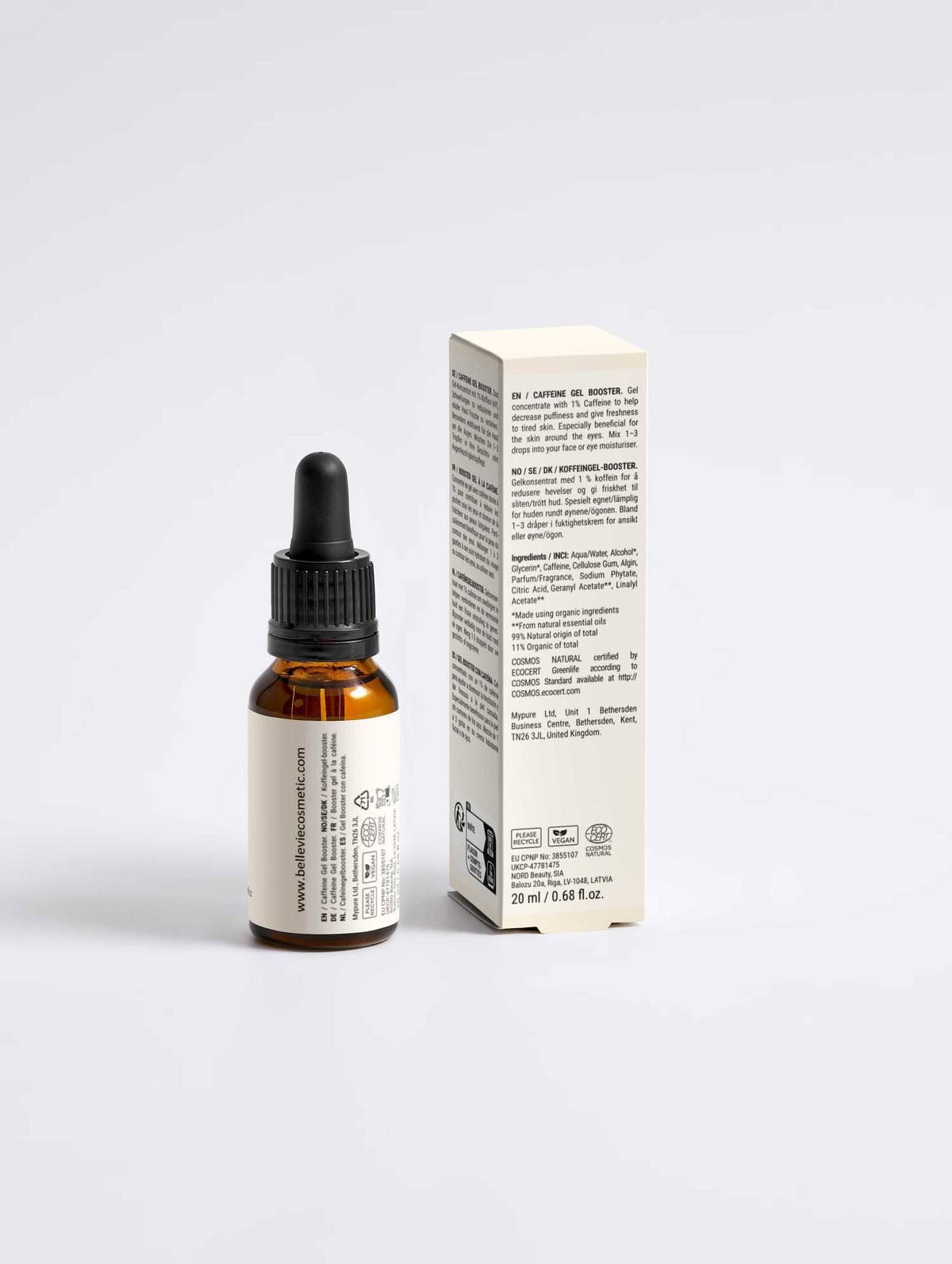 Caffeine Booster Gel 20ml in an amber glass dropper bottle with a black pipette cap and cream label, beside its carton