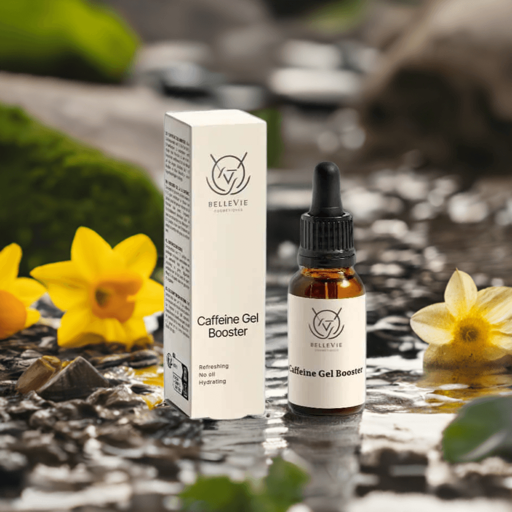 Caffeine Booster Gel 20ml in an amber glass dropper bottle beside a cream box, with black cap and white label.