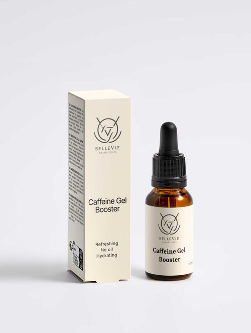 Caffeine Booster Gel 20ml in a cream box and amber glass dropper bottle with black pipette and label