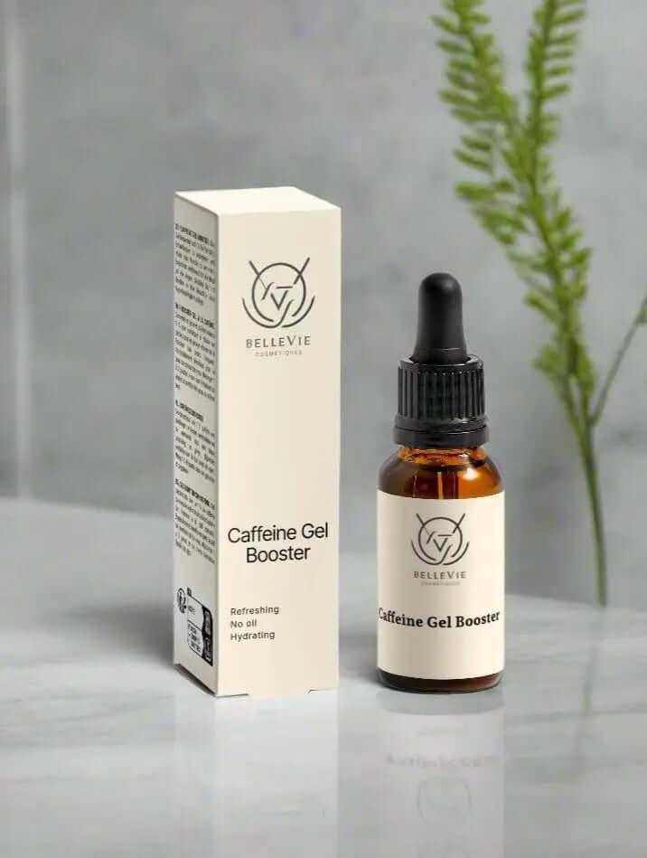 Caffeine Booster Gel 20ml in an amber glass dropper bottle with a cream label and matching cream carton