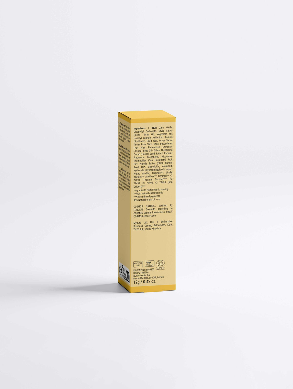 CC Cream Ceramide Stick in a slim yellow cardboard box with dense black product text and a small barcode