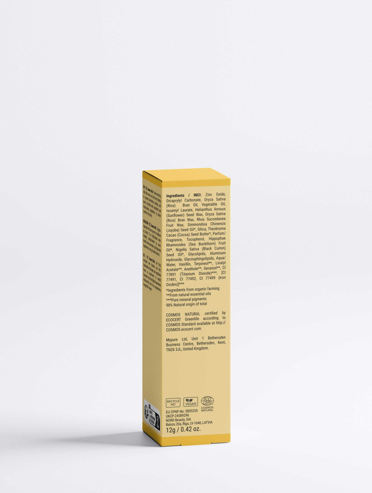 CC Cream Ceramide Stick shown in a slim yellow rectangular box with dense black ingredient and product text