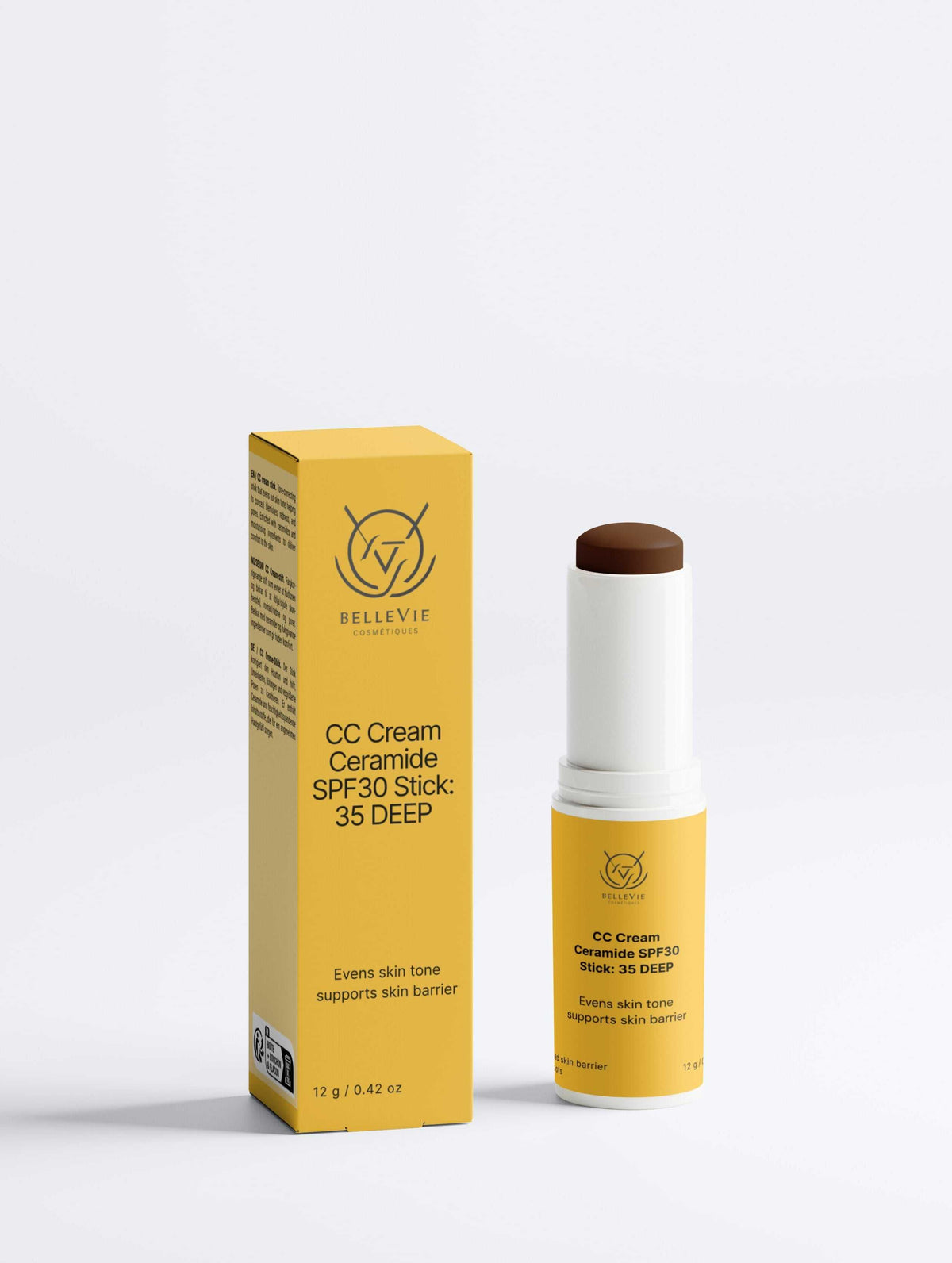 CC Cream Ceramide Stick in a yellow SPF30 package and white twist-up tube, with brown cream exposed at the top
