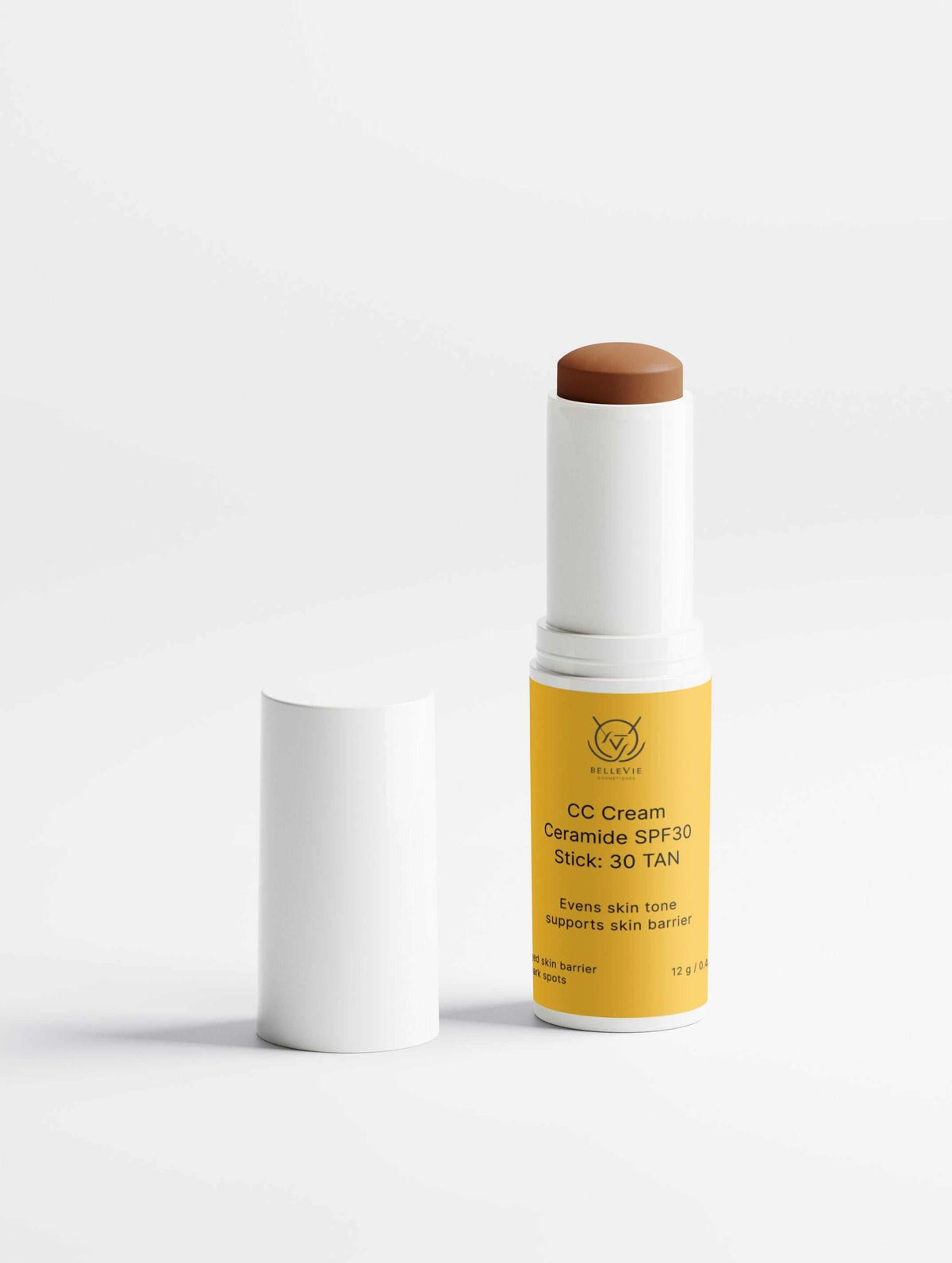 CC Cream Ceramide Stick in a yellow tube with white casing and exposed tan cream, labeled SPF30 shade 30 Tan