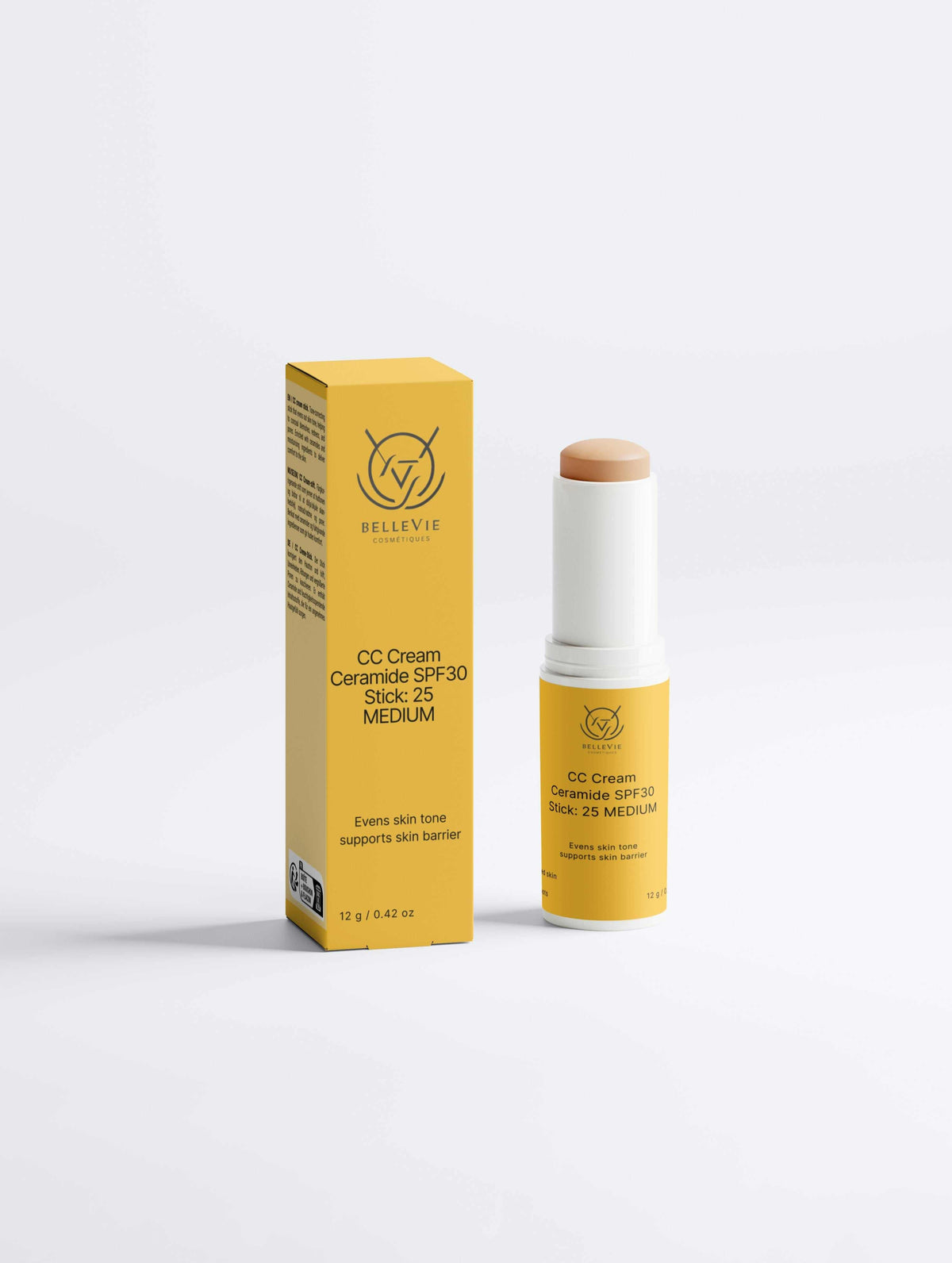 CC Cream Ceramide Stick in a white and yellow twist-up tube with matching yellow carton, shade 25 medium