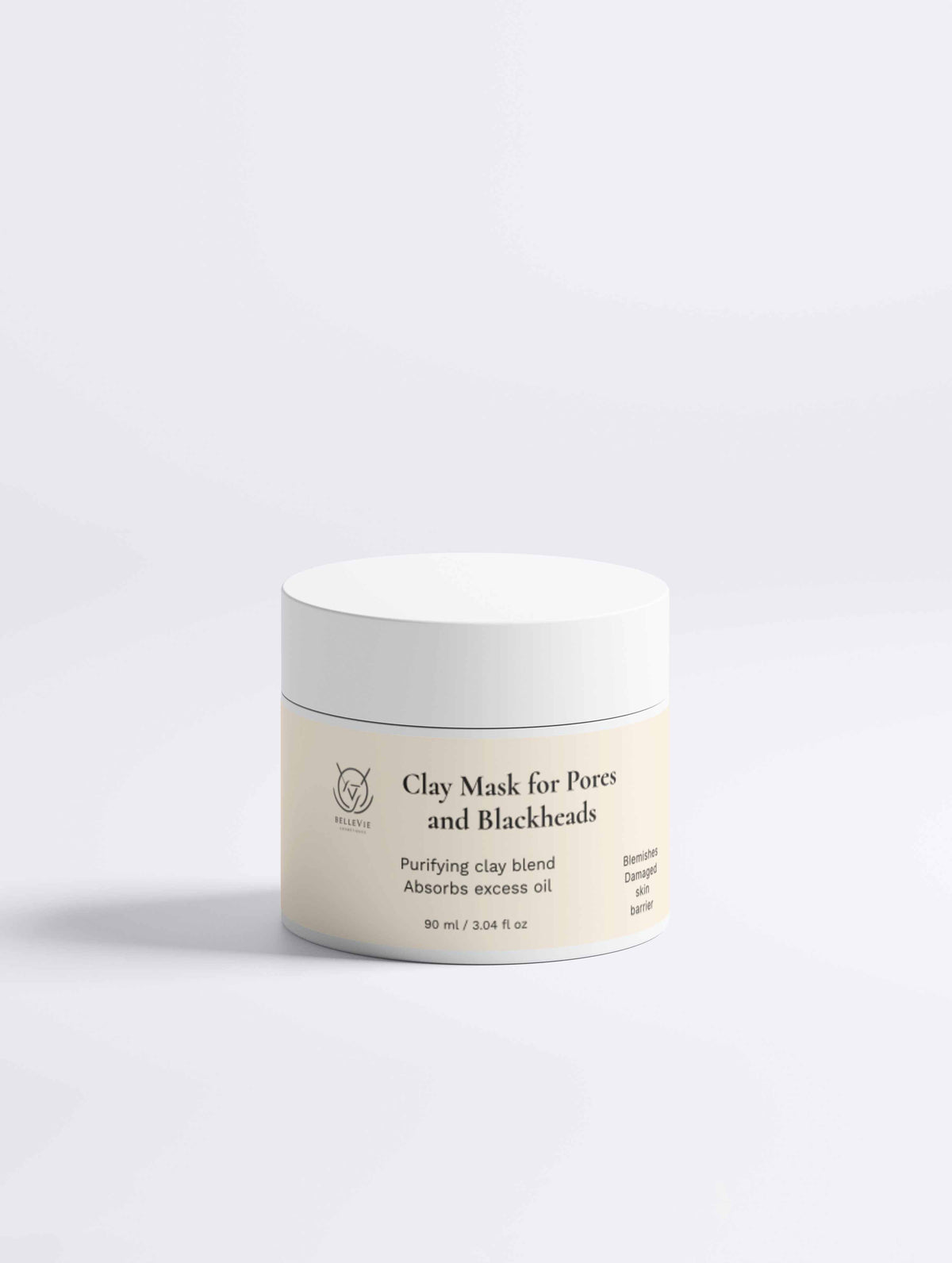 Clay Mask for Pores in a white cylindrical jar with a cream label, black text and a small botanical logo