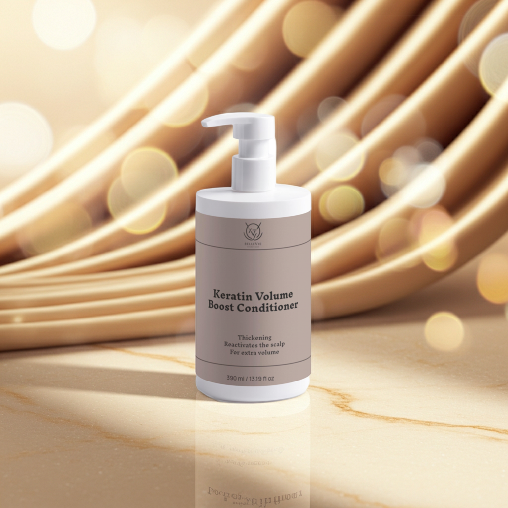 Keratin Volume Boost Conditioner bottle with pump on a wooden background