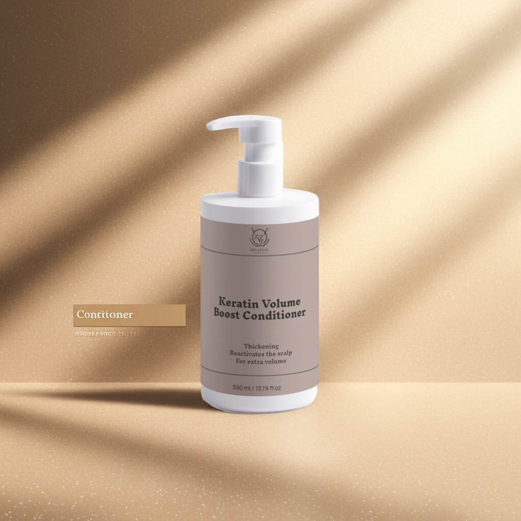 Keratin Volume Boost Conditioner bottle on a beige background