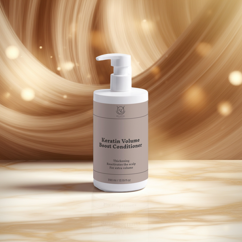 Keratin Volume Boost Conditioner bottle with a pump on a background of swirling hair strands.