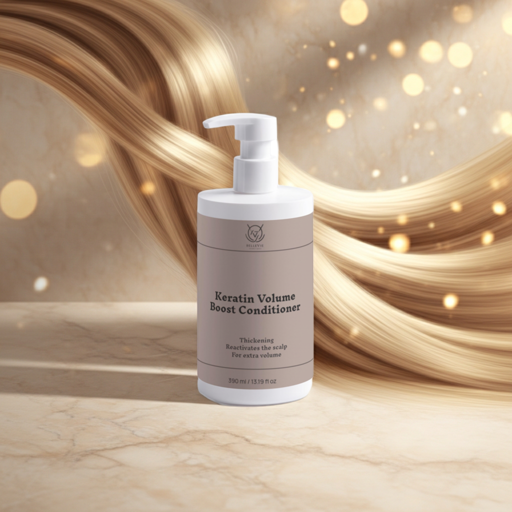 Keratin Volume Boost Conditioner bottle with wavy hair in the background
