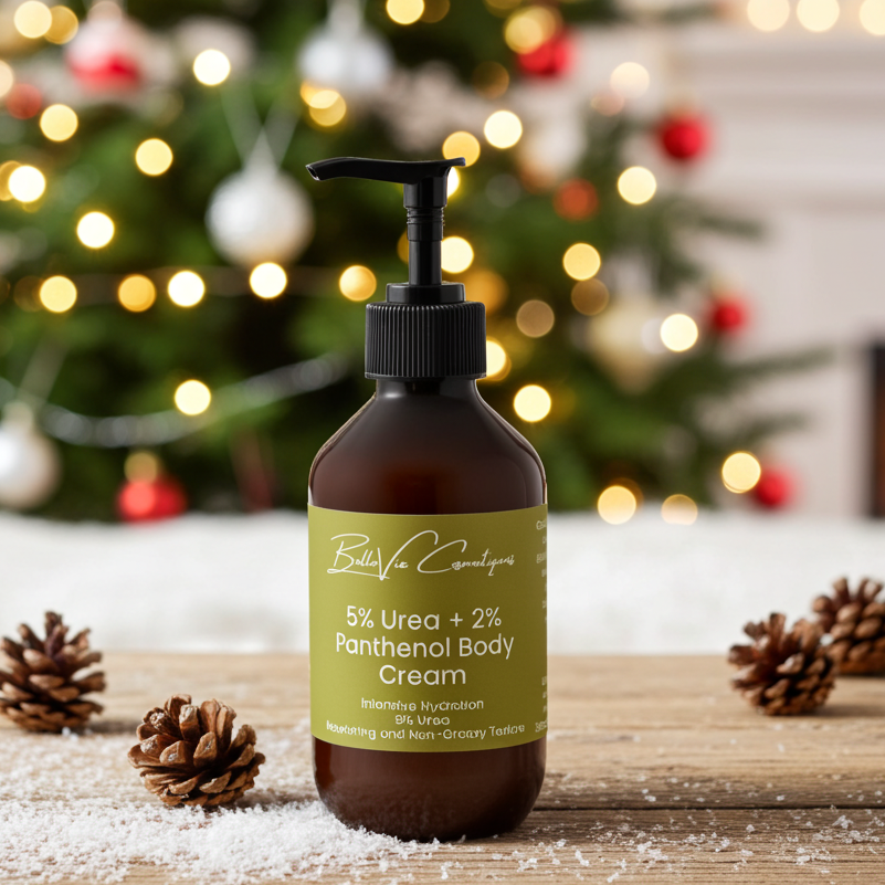 5% Urea + 2% Panthenol Body Cream bottle with a Christmas tree in the background
