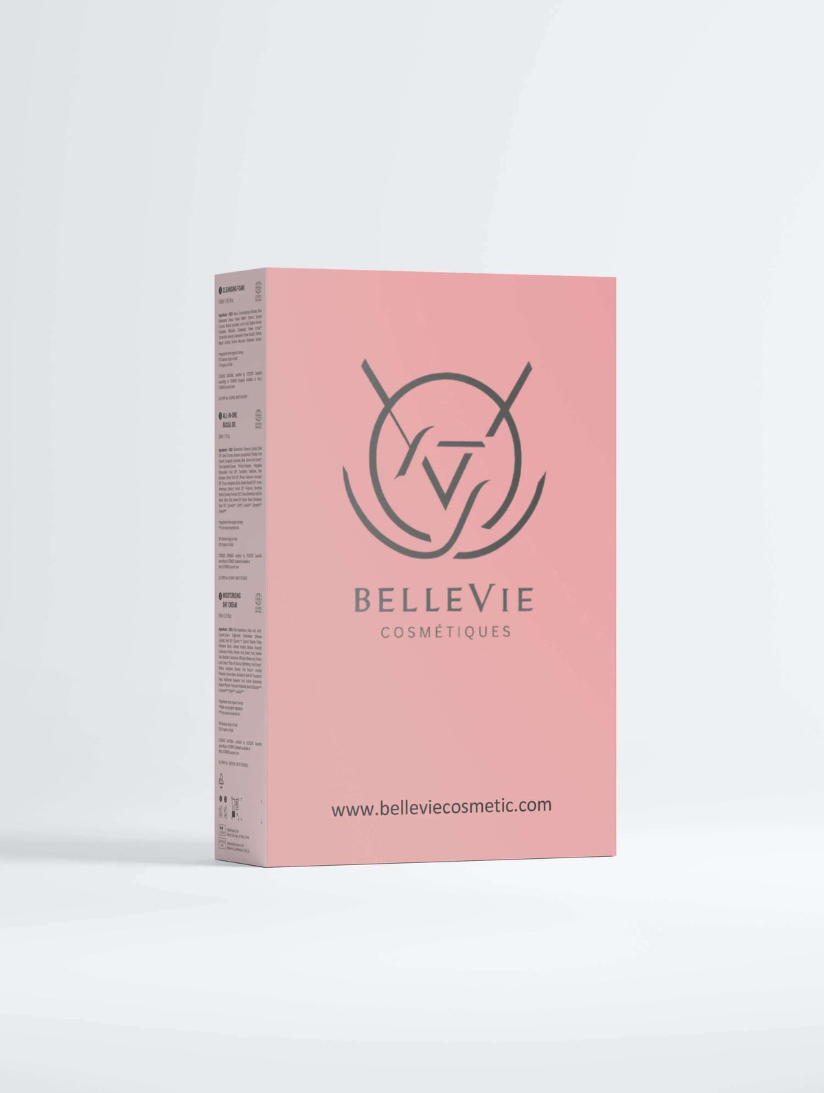 Daily Radiance Collection Box in a pink rectangular carton with dark Bellevie Cosmétiques logo and website