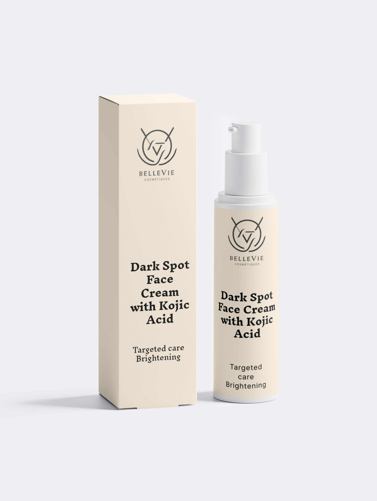 Dark Spot Face Cream in an ivory pump bottle, paired with matching box featuring black text and botanical branding.