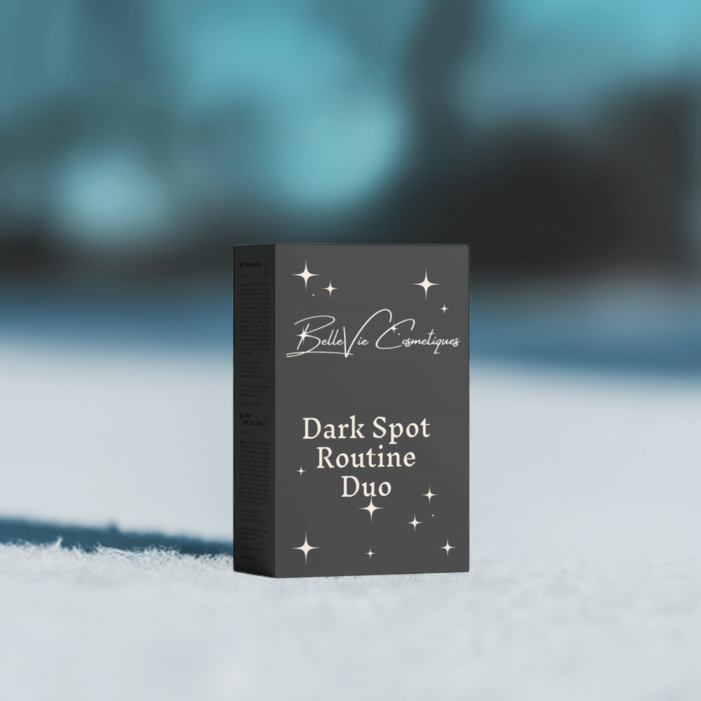 Dark Spot Routine Duo skincare set in a charcoal grey box with white lettering and star motifs.