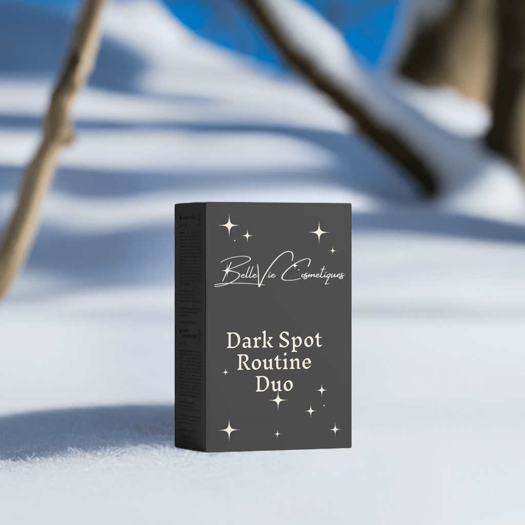 Dark Spot Routine Duo skincare set in a charcoal black box with white lettering, star motifs and a serum routine label