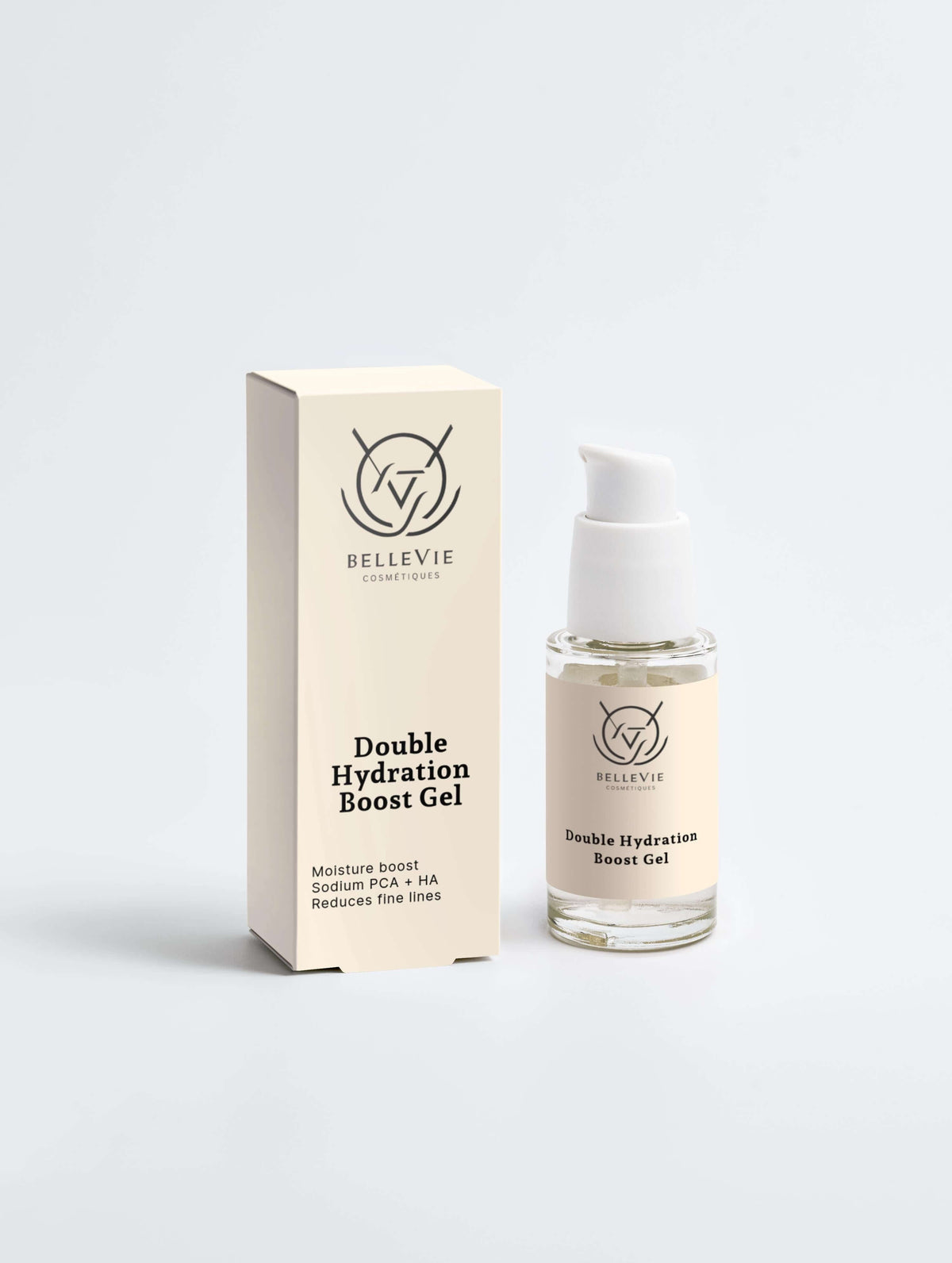 Deep Moisture Duo skincare set featuring a cream-coloured box and clear pump bottle of Double Hydration Boost Gel