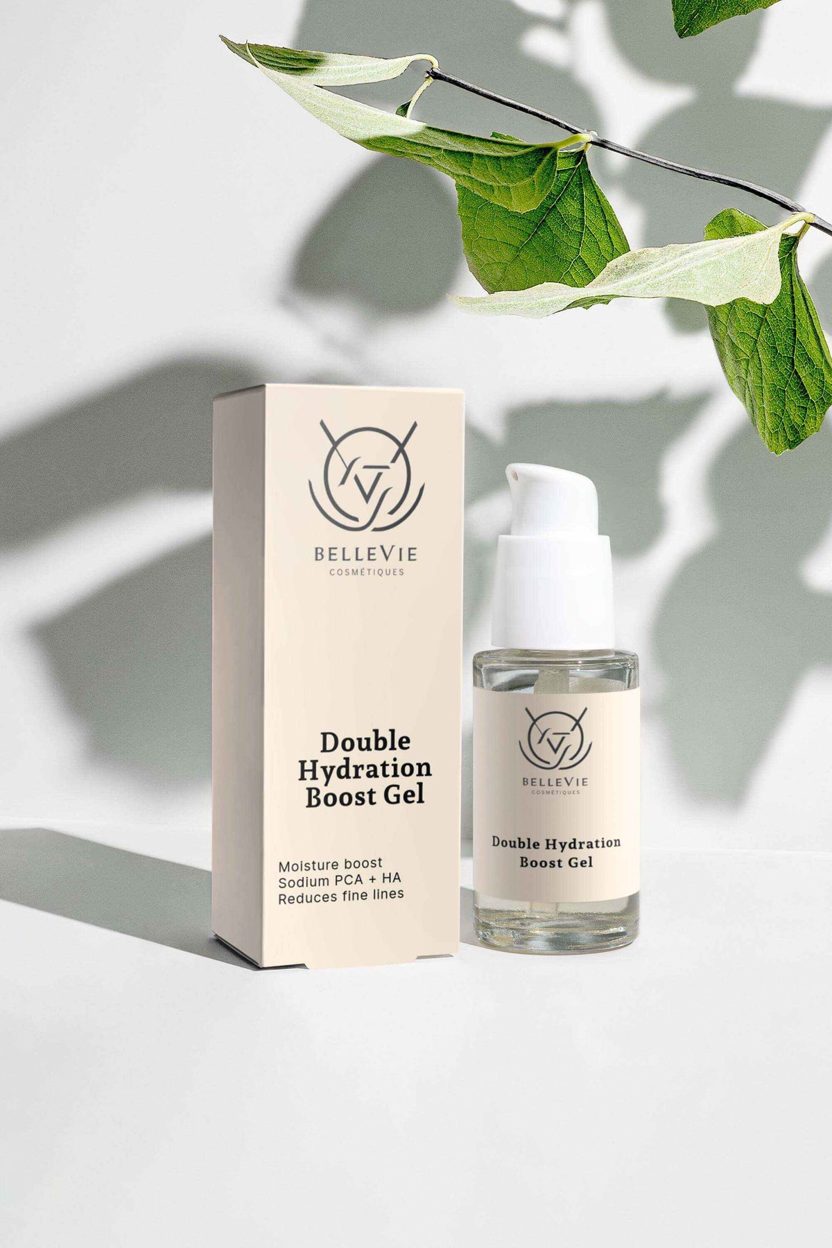 Deep Moisture Duo hydrating skincare set with a cream-colored box and clear pump bottle of Double Hydration Boost Gel