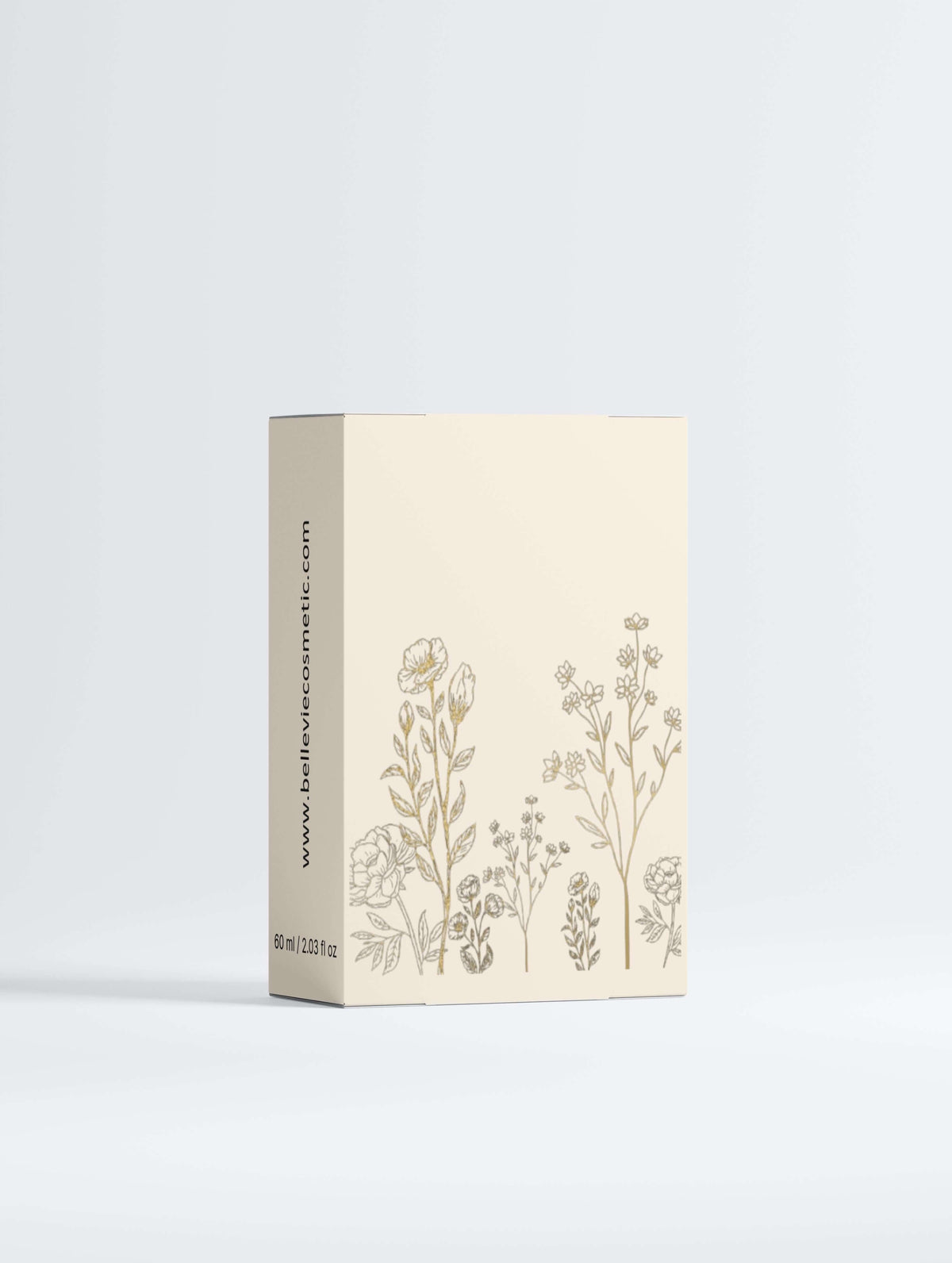 Skincare set box in pale cream with fine botanical flower illustrations and subtle dark lettering, Deep Moisture Duo