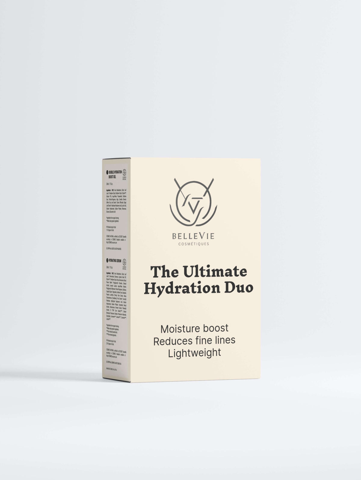 Deep Moisture Duo skincare set in a cream rectangular box with black lettering and a hydration duo label