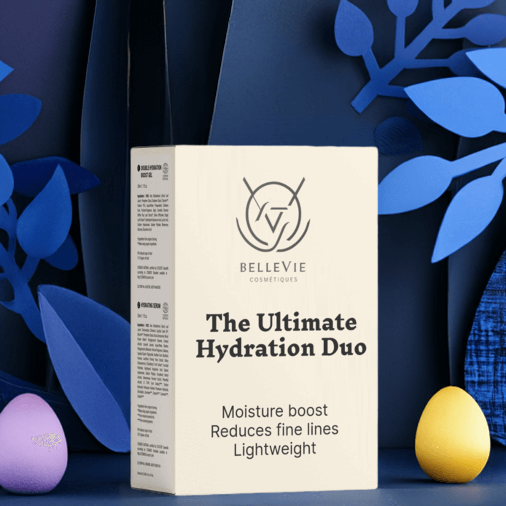Deep Moisture Duo skincare set in a cream rectangular box with black text and BelleVie logo, labelled Ultimate Hydration Duo
