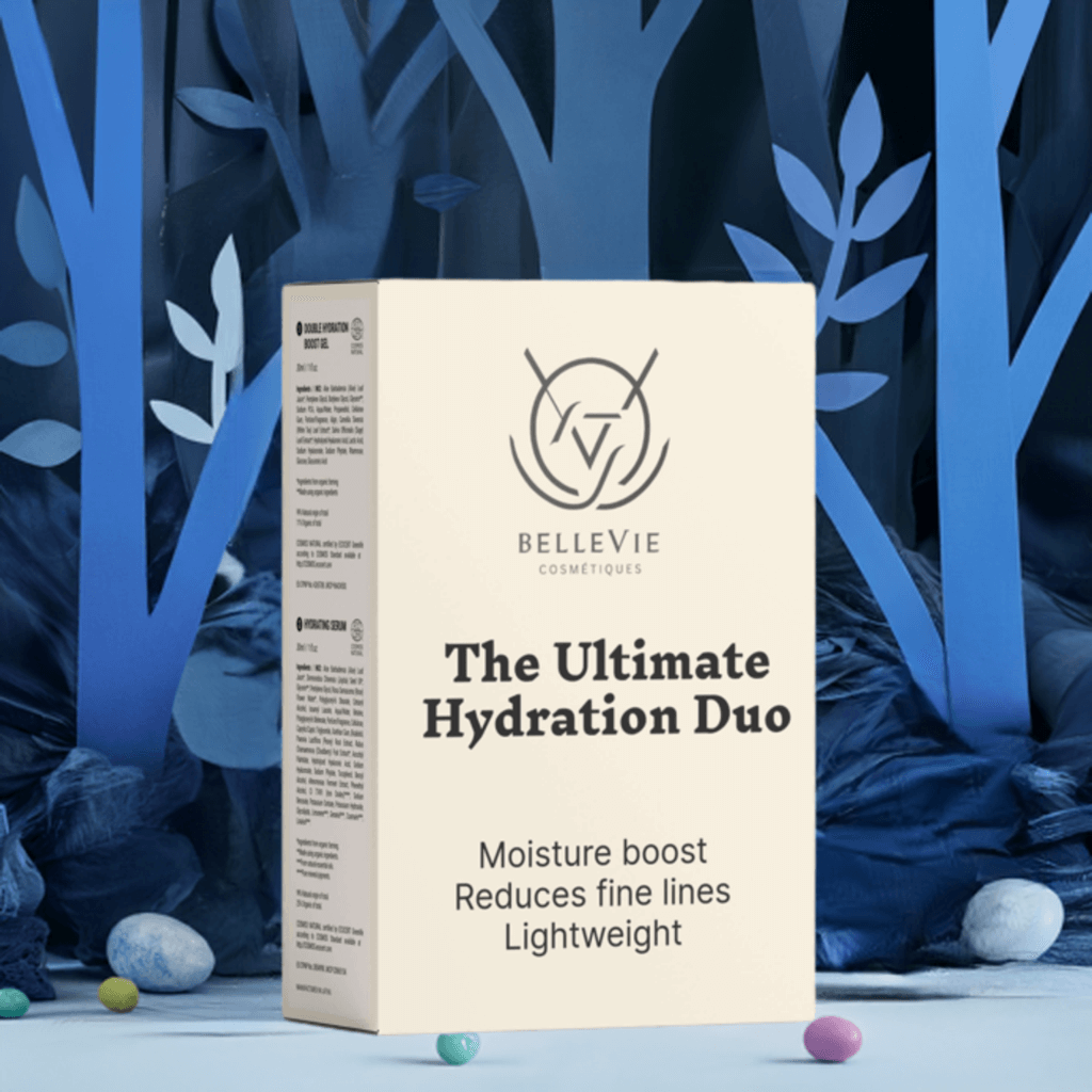 Deep Moisture Duo skincare set in a cream BelleVie box, with a bold hydration duo label and moisture-boost claims
