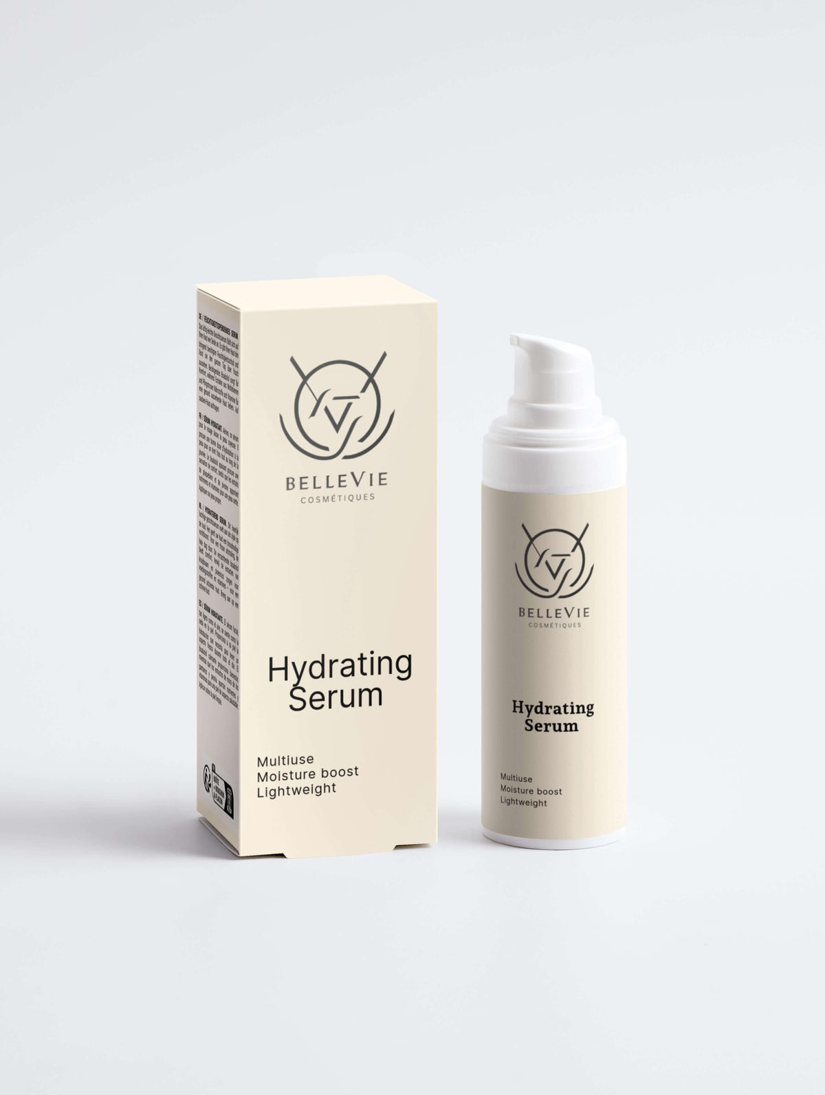 Deep Moisture Duo skincare set with a cream Hydrating Serum carton and matching white pump bottle
