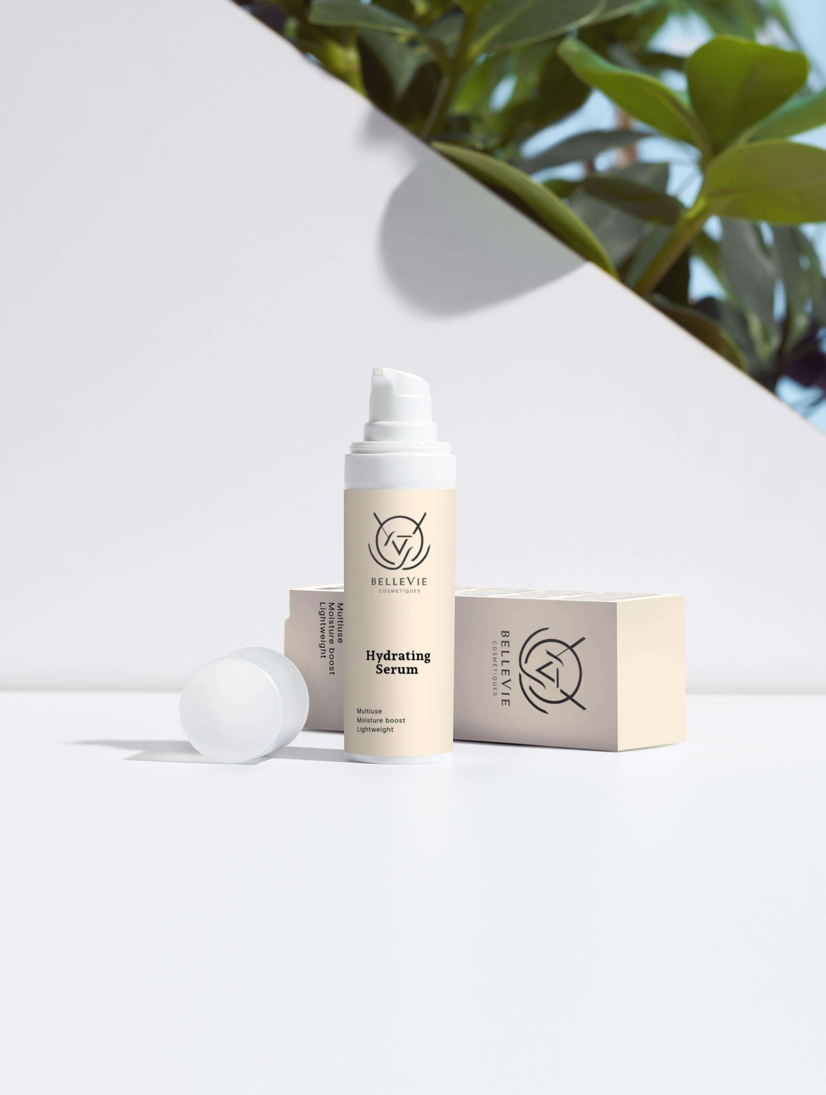 Deep Moisture Duo skincare set with a cream Hydrating Serum pump bottle and matching beige box