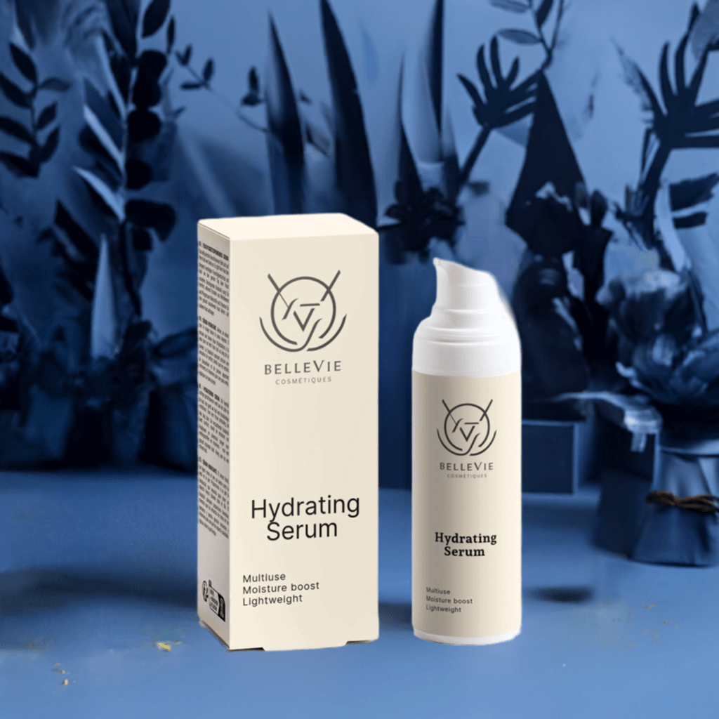 Deep Moisture Duo hydrating serum in a cream pump bottle beside matching carton, with minimalist black logo and text