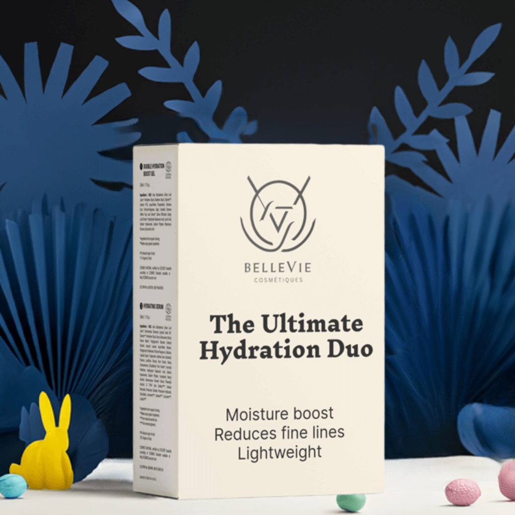 Deep Moisture Duo skincare set in an ivory box with black lettering, featuring a lightweight moisture boost for fine lines
