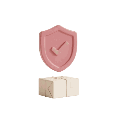 Delivery Protection icon featuring a pink shield with a raised checkmark above a cream parcel tied with string