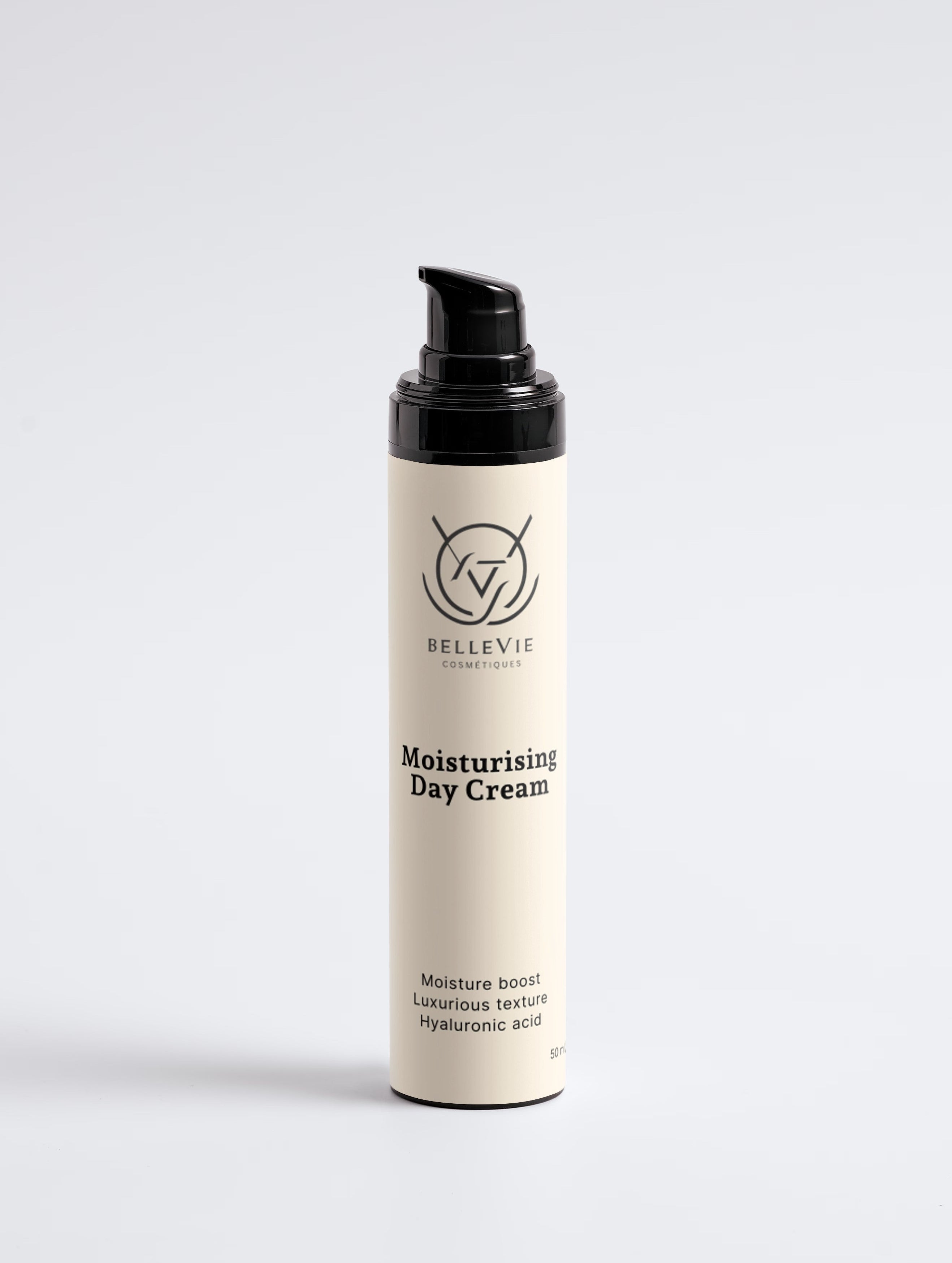 A single pump bottle of Bellevvie Moisturising Day Cream on a clean, light gray studio background.