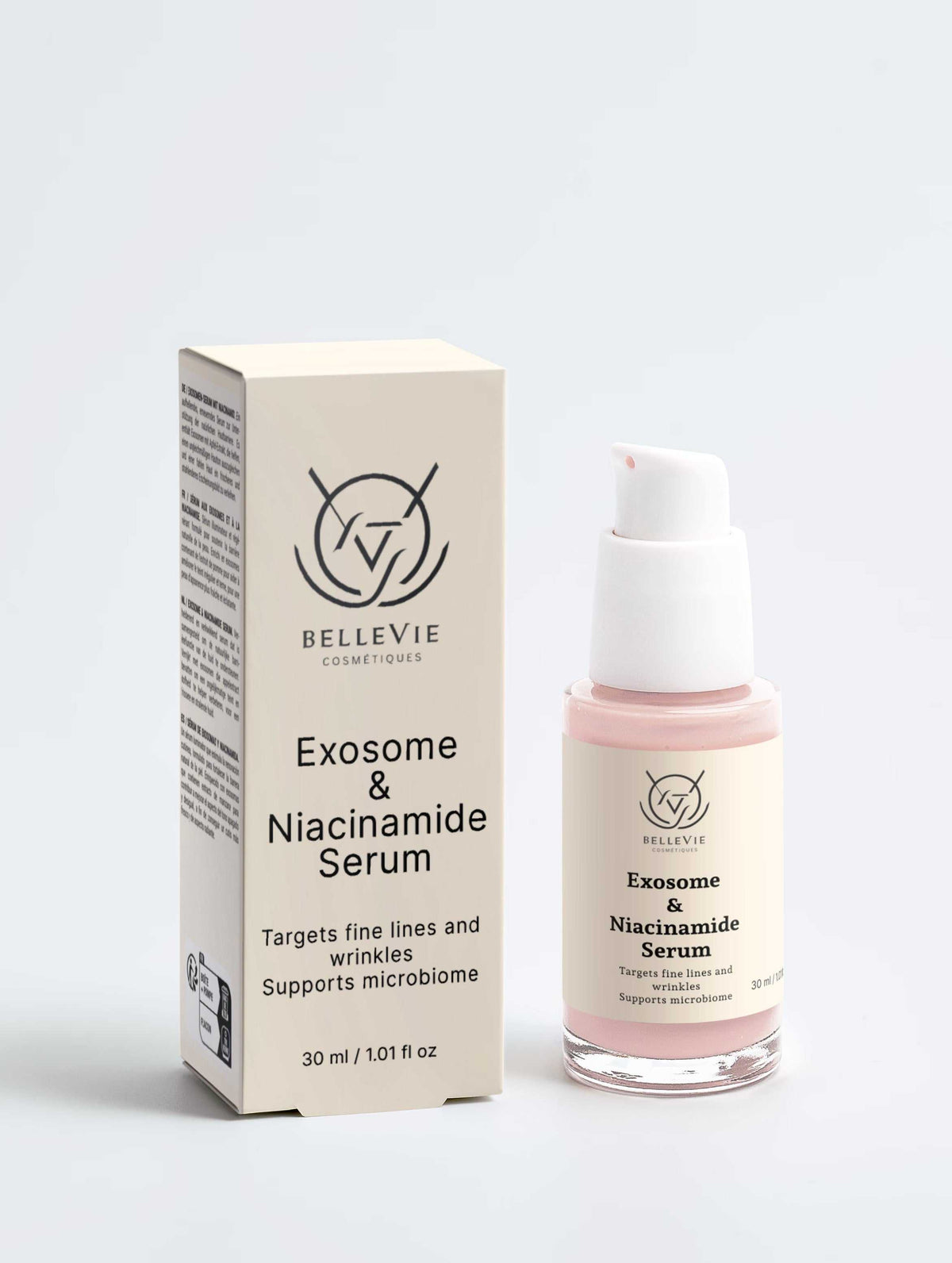 Exosome & Niacinamide Face Serum in a clear glass pump bottle with pale pink serum and a beige branded carton