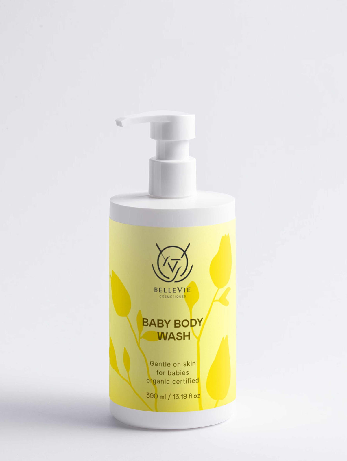 Gentle Baby Body Wash in a white pump bottle with a bright yellow botanical label and baby body wash text