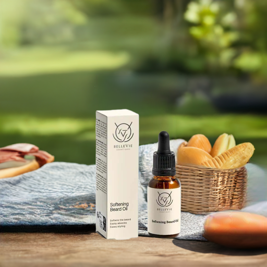Softening Beard Oil 20ml box and bottle kept on table