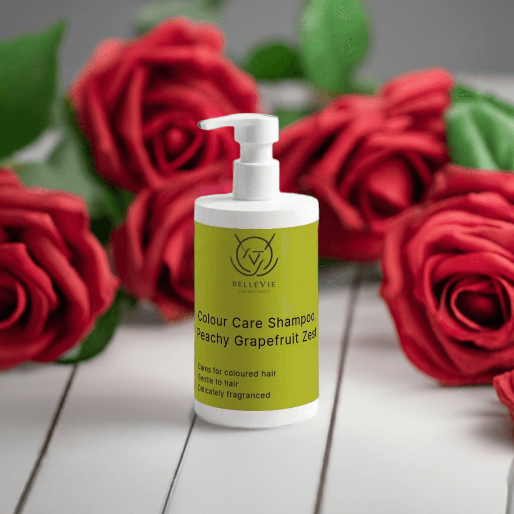 Colour Care Shampoo Peachy Grapefruit Zest 400ml bottle kept on a table background of roses