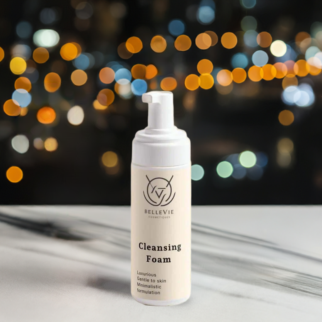 alt="Close-up of Bellevie Cosmetic Cleansing Foam 150ml, tea tree oil for deep cleanse, radiant skin, natural, cruelty-free"