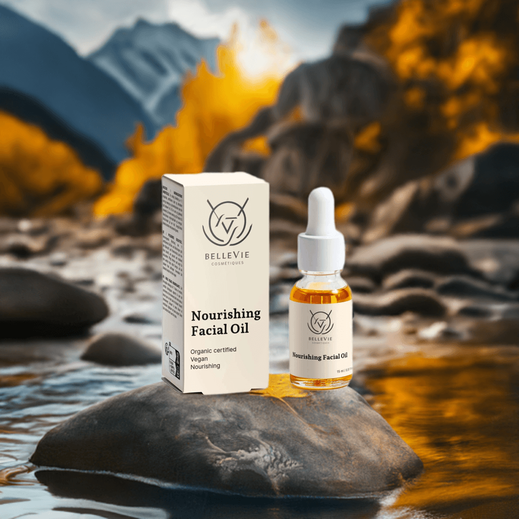 alt="Before and after using Bellevie Cosmetic Nourishing Facial Oil 15ml, luxurious hydration for glowing, healthy skin, COSMOS certified, vegan"