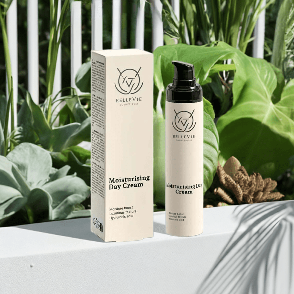 alt="Before and after Bellevie Cosmetic Moisturising Day Cream 50ml, intense hydration and daily protection, vegan, COSMOS certified"